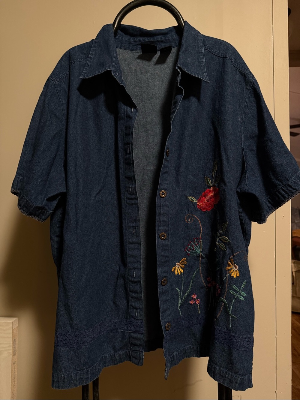 Oversized Erika Navy Denim Shirt with Subtle Floral Accent